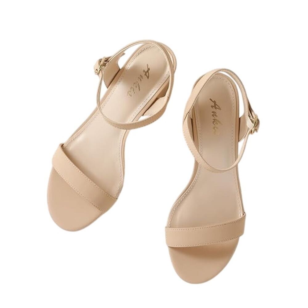 Ankis Womens Size 8 Tan Nude 2.5" Block Heels Open Round Toe Ankle Strap Shoes - Picture 3 of 5